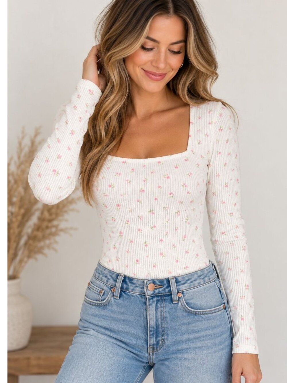 BP. Floral Thermal Bodysuit White Pink Ditsy Floral Long Sleeve XS